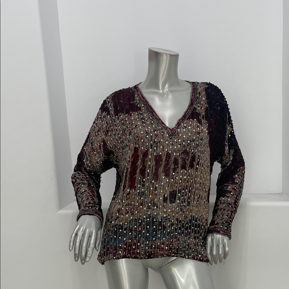 Judith Ann Creations Red Multi Sequined And Beaded Silk Top Size M Vtg 70’s-80’s